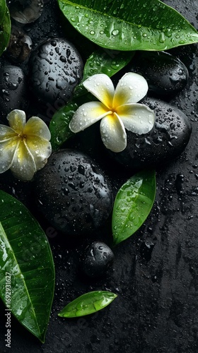 Serene Plumeria Flower on Wet Stones Surrounded by Leaves in a Calming Spa Se...