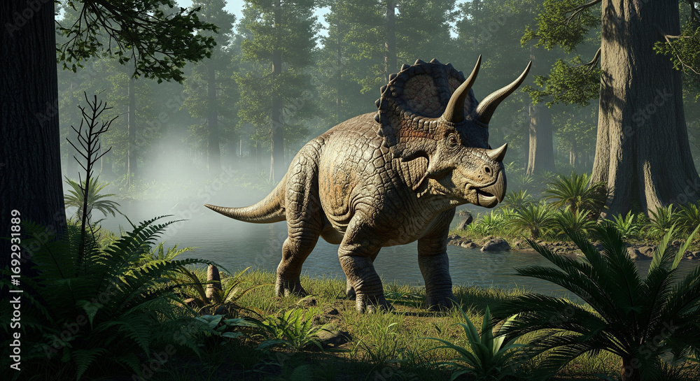 Fototapeta premium A realistic illustration of a Triceratops standing by a river in a prehistoric forest