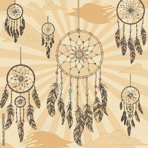 Dream catcher designs with assorted colored beads and feathers hanging in the sky. Hand drawn style with vintage sunburst background.