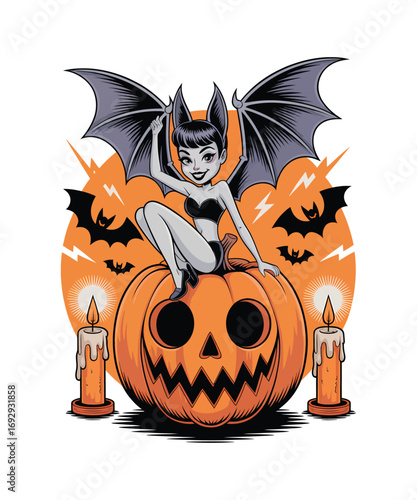 Bat winged pinup girl on jack o lantern with candles