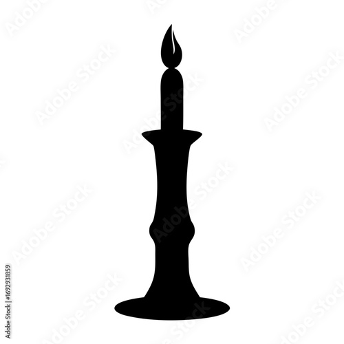 Single black and white candle on a vintage candlestick holder illustration