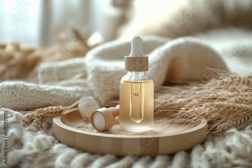 Natural Skincare Serum Bottle on Wooden Plate Surrounded by Soft Textures and...