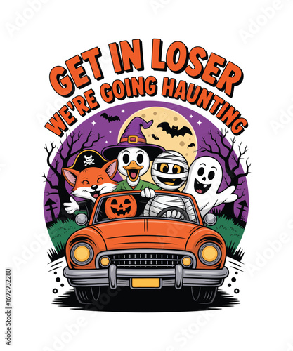 Cartoon Halloween characters in orange car with full moon
