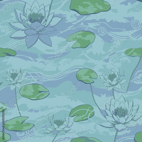 Lily pad and flower pattern on a water surface with wavy lines and circles. Delicate illustration of aquatic plants in a tranquil water scene.