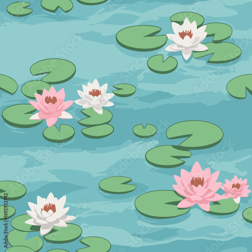 Water lilies and pads in a seamless pattern design. Water lily flowers and leaves in a serene pond scene.