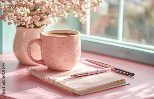 Morning Coffee and Floral Arrangement on a Pastel Table Near a Window With Su...