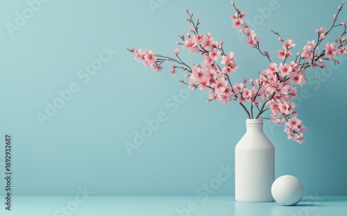 Beautiful Pink Blossoms Arranged in a White Vase on a Blue Background