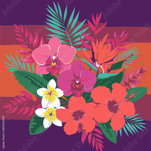 Vibrant tropical flower bouquet design with orchid, hibiscus, and plumeria blossoms in various hues of pink, orange, and red, along with lush tropical leaves.