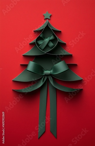 Unique Paper Christmas Tree Design With Decorative Bow and Gift on Red Backgr...