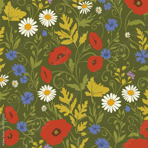 Floral pattern featuring poppies, daisies, and cornflowers in a variety of colors against a muted olive green background with detailed leaves and swirls.