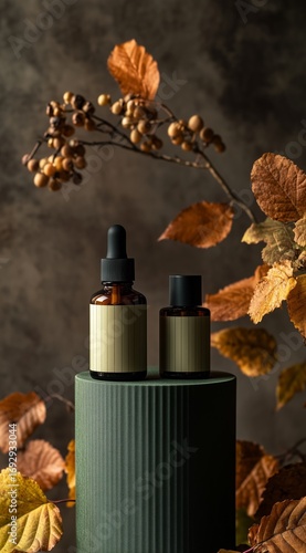Elegant Natural Oils Displayed With Autumn Leaves on a Textured Surface in So...