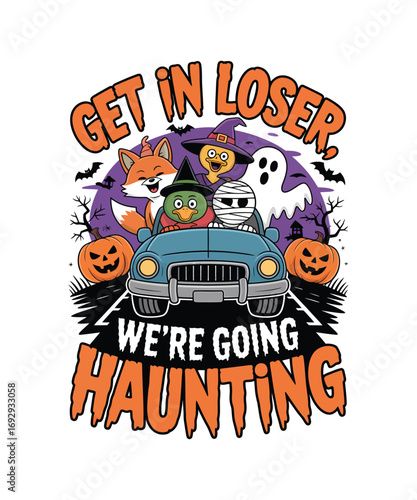 Halloween characters in car with pumpkins and bats