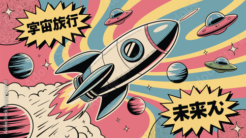 Embark on a vibrant space odyssey with retro rockets and UFOs, set against a psychedelic cosmic backdrop that sparks imagination and invites viewers to explore the boundless wonders of the universe