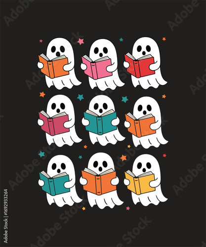Nine cartoon ghosts reading books on black background