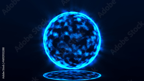 The glowing blue ball resembles an energy sphere or a miniature star. Its surface sparkles, emitting powerful light and creating a reflection on a dark background, which enhances the impression of