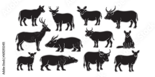 A diverse group of black animal silhouettes, featuring various species with antlers and horns, arranged in a scattered pattern.