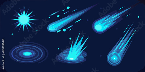 Collection of glowing blue celestial objects and cosmic phenomena in deep space
