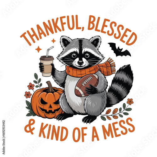 Raccoon with coffee football and pumpkin text animal