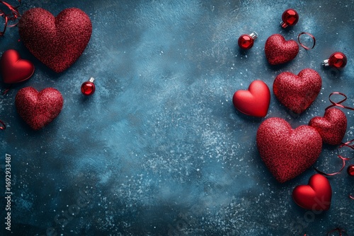 Decorative Red Hearts and Ornaments Arranged on a Blue Textured Background fo...