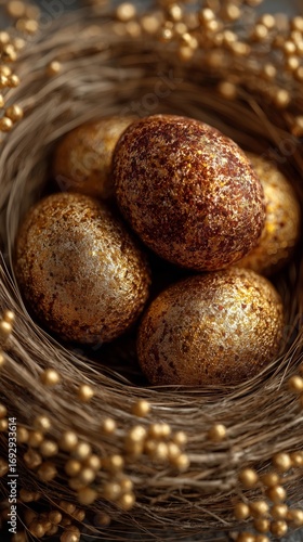 Elegant Golden Speckled Eggs Nestled in a Decorative Nest on Soft Fabric Back...