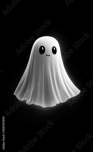 Cute Cartoon Ghost With Big Eyes Floating Against a Black Background