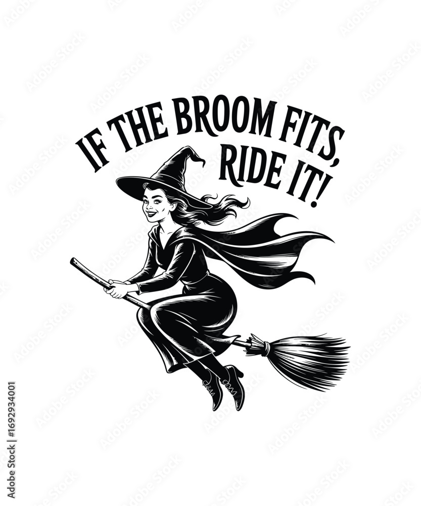 Fototapeta premium Vintage witch flying on broomstick with text halloween