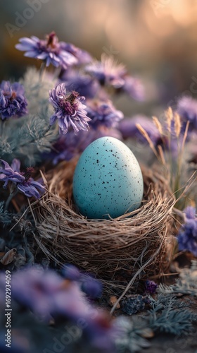 Beautiful Blue Egg Resting in a Nest Surrounded by Purple Flowers in Nature.