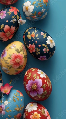 Colorful Decorated Easter Eggs Surrounded by Spring Flowers on a Bright Blue ...