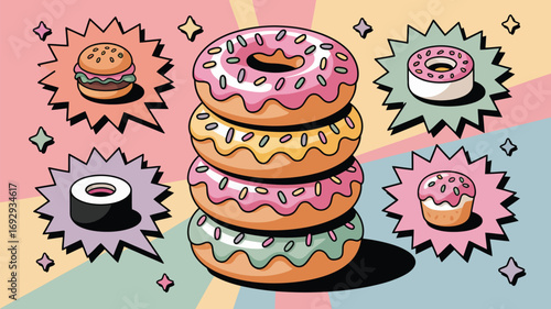 Delicious stacked donuts with pink and yellow frosting, alongside a burger, sushi, and cupcake on a fun, colorful background create a playful and delightful treat illustration