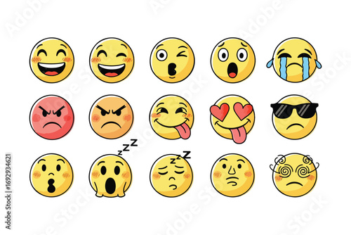 Collection of expressive yellow emoji faces with various emotions