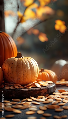 Bright Orange Pumpkins Surrounded by Seeds and Autumn Leaves in a Sunlit Setting