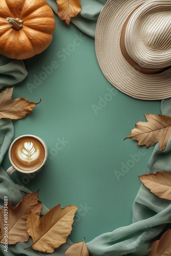 Cozy Autumn Morning With Coffee, Pumpkins, and Fallen Leaves in a Rustic Sett...