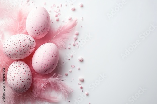 Colorful Pink Easter Eggs Arranged With Soft Feathers on a Light Background