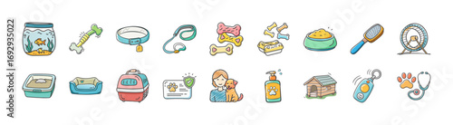 Hand drawn pet care and accessories icons set - Collection of colorful hand drawn icons representing pet care and accessories, including food bowls, bones, toys, pet carrier, grooming tools, pet house