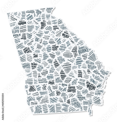 Georgia shape text cloud. State border with shadow on white background. Georgia with counties division in vintage gazette style. Creative vector illustration.