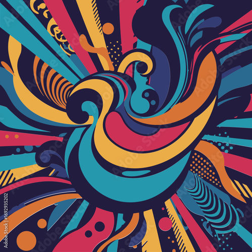 Abstract vibrant graphic design with dynamic color combinations. Dynamic abstract shapes and patterns radiating outward. Colorful design element with no people -