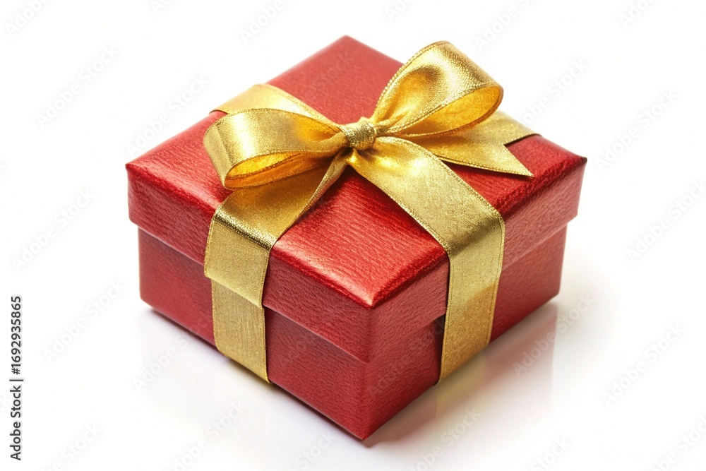 Obraz premium A single red glitter gift box with a shiny gold ribbon and bow isolated on a white background