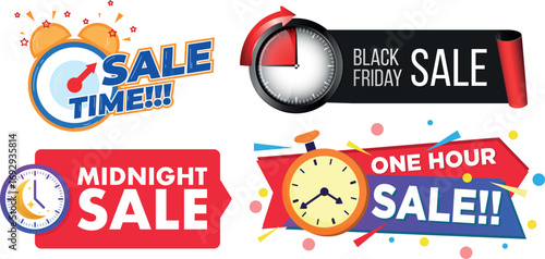 Vector collection of sale labels and discount tags including one hour sale midnight sale and black Friday promotion designs