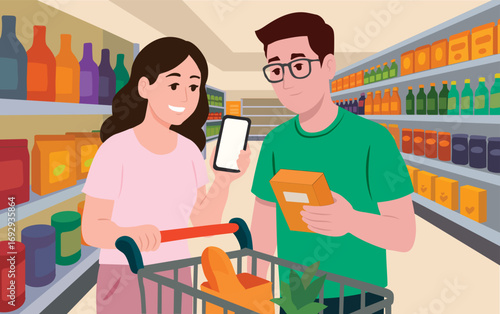Ilustración flat de una pareja usando su smartphone para escanear productos en un supermercado con carrito de compras. Concepto de consumo digital.