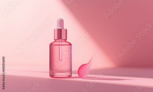 Vibrant Pink Serum in Glass Bottle on Soft Pink Background With Light Reflection