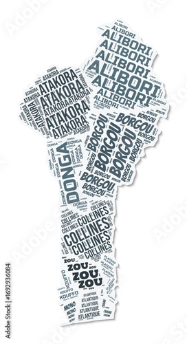 Benin shape text cloud. Country border with shadow on white background. Benin with regions division in vintage gazette style. Creative vector illustration.