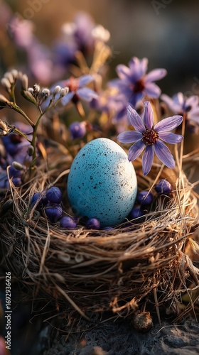 Beautiful Blue Egg Resting in a Nest Surrounded by Purple Flowers in Nature