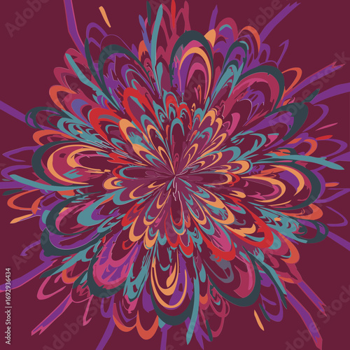 Abstract floral design with vibrant colors and graphic style. Exploding flower pattern on a deep burgundy background. Artistic design element for graphic design or digital art -