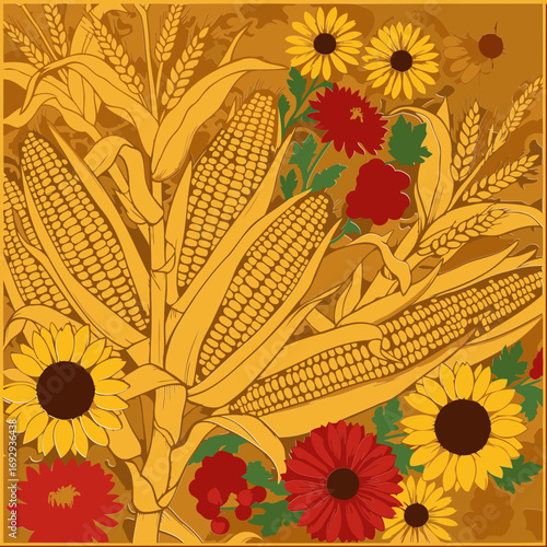 Autumnal corn and flowers with decorative detail in a vintage style. Arrangement of golden corn stalks, sunflowers, chrysanthemums, and berries in a decorative pattern on a mottled background.