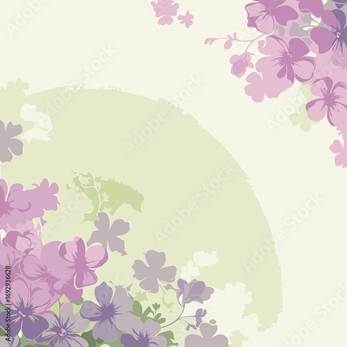 Floral background with pastel purple and lavender flowers in a soft, gentle style. Delicate flower arrangement in a corner border with a light green background gradient.