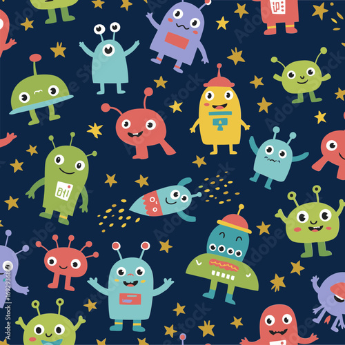 Cute alien and robot characters in vibrant colors on a dark navy background with gold glitter stars.