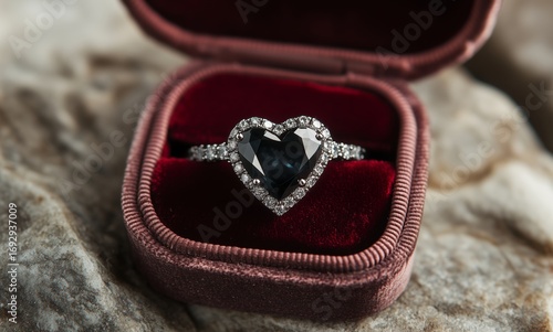 Heart-shaped Diamond Ring in Velvet Box on Stone Surface Captured in Elegant ...