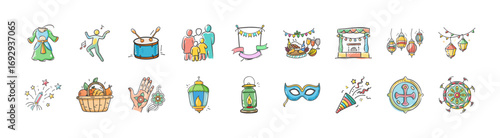 Hand drawn carnival and festival celebration icons set - Collection of colorful hand drawn icons representing carnival and festival celebrations, including costumes, masks, drums, parades, lanterns