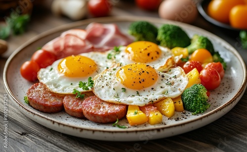 Delicious Breakfast Plate With Eggs, Sausage, Vegetables, and Fruits Served o...