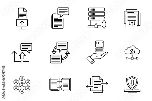 Data file transfer and storage line icons set